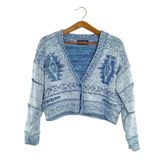 flyer Sweaters - Vintage Flyer Blue White Knit Button Up Cardigan Women's Size L